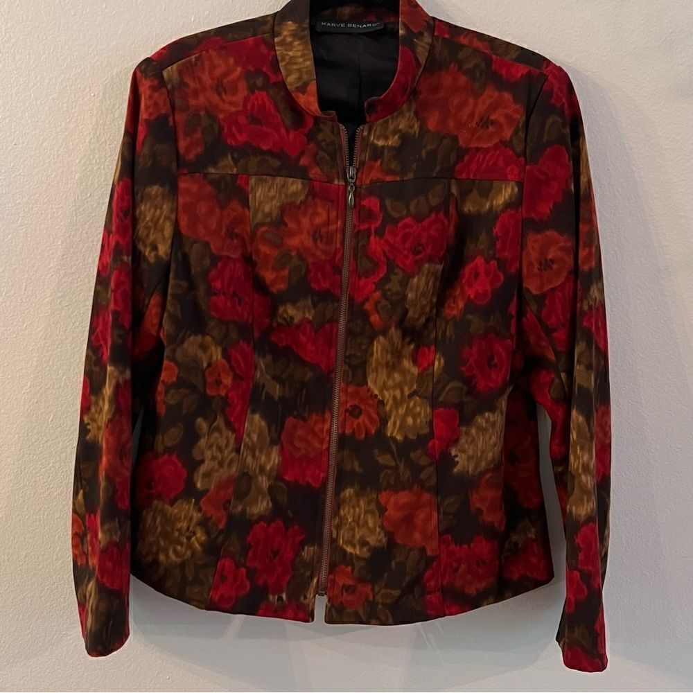Harve Benard Jacket Size Large Red And Brown Zip Front Stand-up Collar